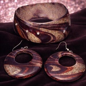 Statement Resin Set Wide Cuff Bracelet & Hoop Earrings Plum Copper Glitter